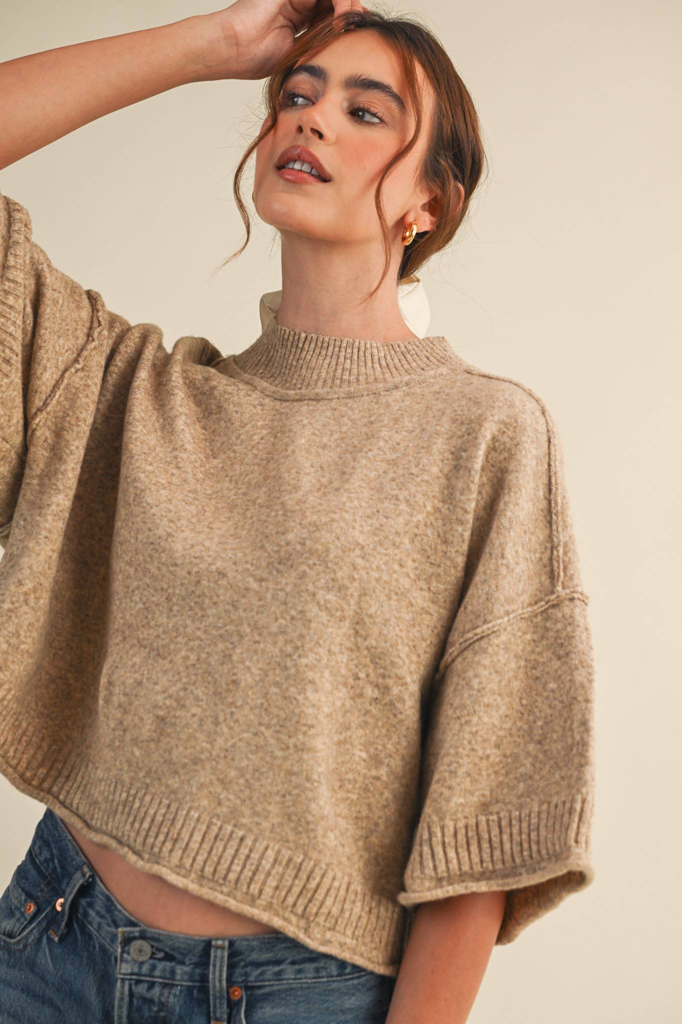 MARLED KNIT MOCK NECK SHORT SLEEVE SWEATER