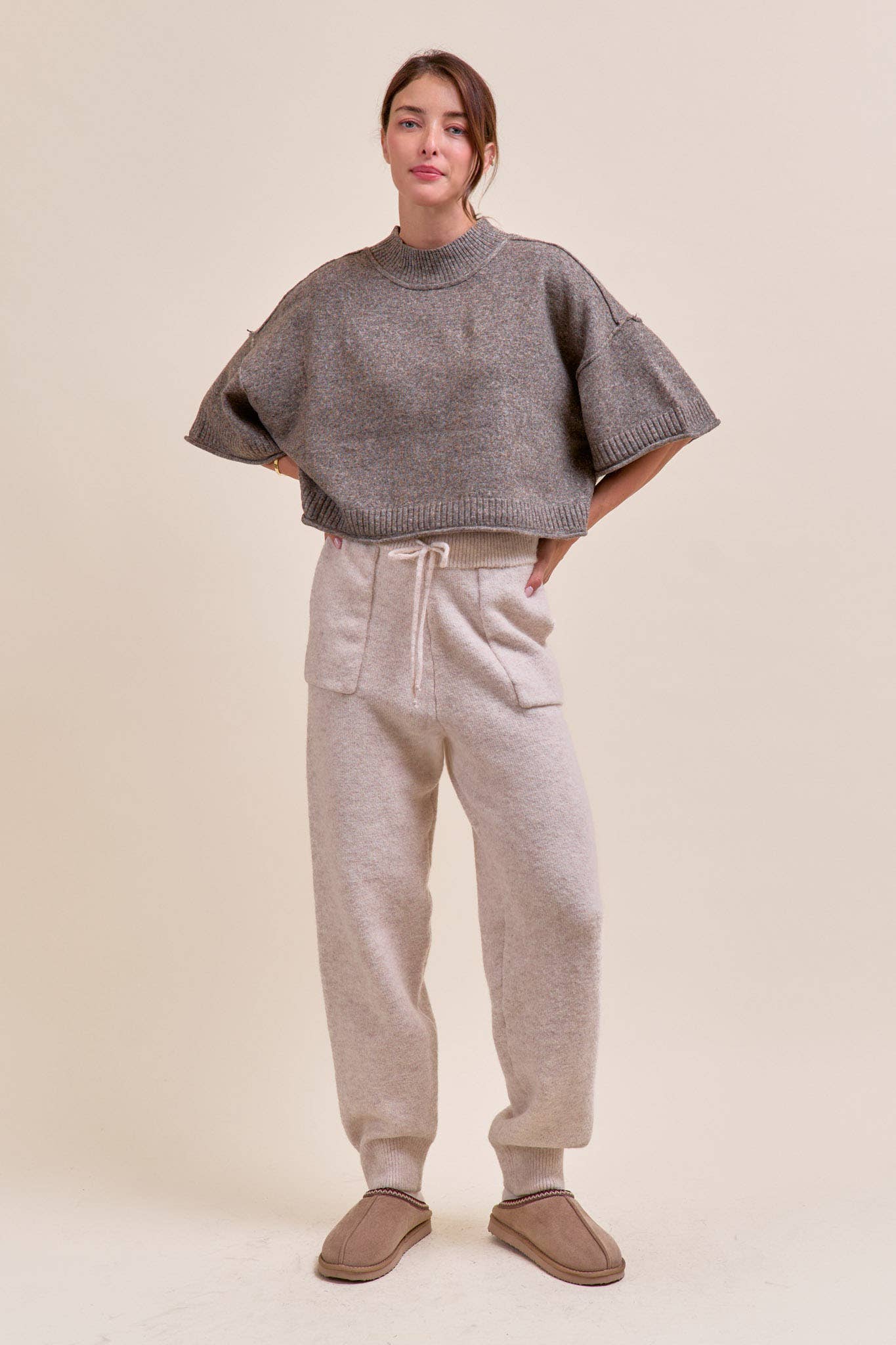 MARLED KNIT MOCK NECK SHORT SLEEVE SWEATER