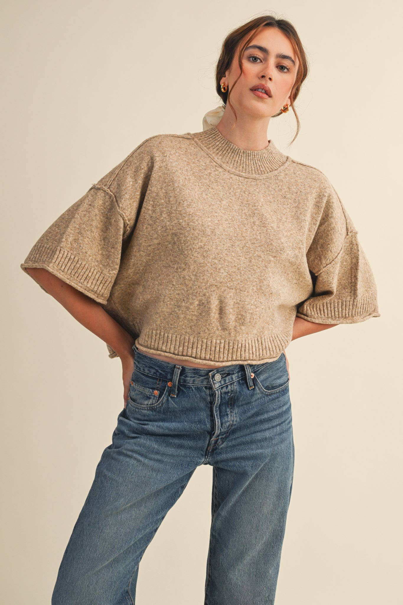 MARLED KNIT MOCK NECK SHORT SLEEVE SWEATER