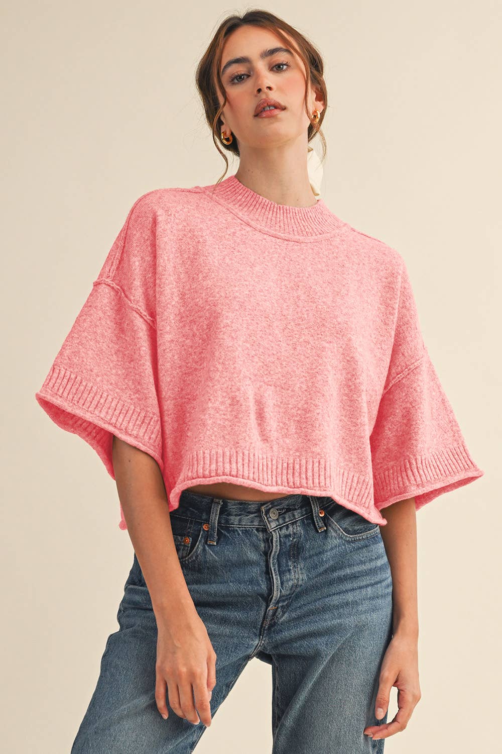 MARLED KNIT MOCK NECK SHORT SLEEVE SWEATER