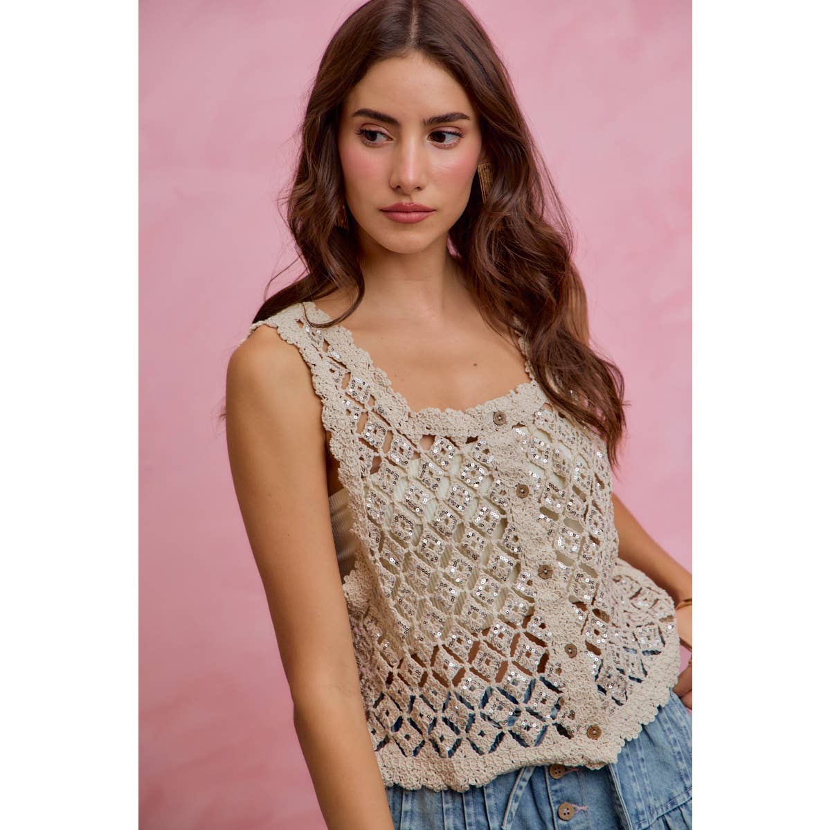 SEQUINS EMBELLISHED DIAMOND CROCHET LACE VEST TOP