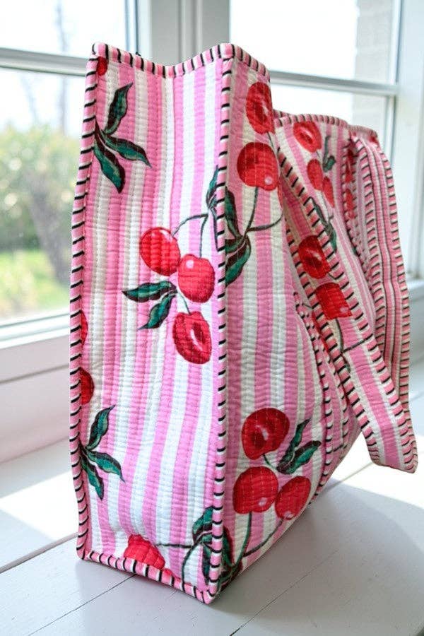 Eliza Pink Striped Cherry Tote Bag