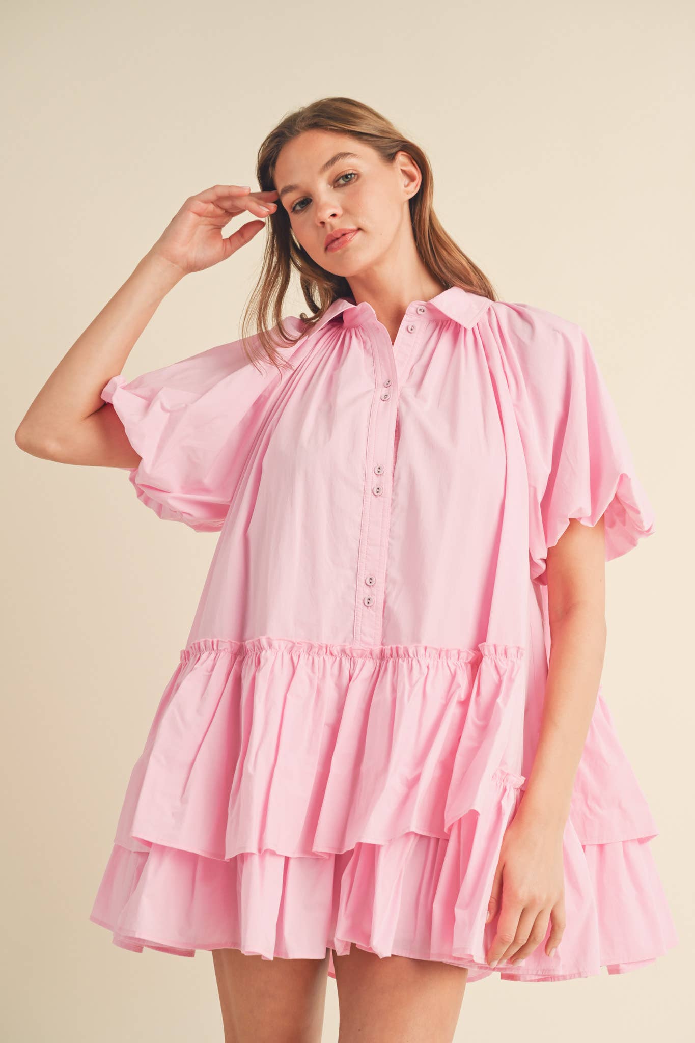 Bubble Sleeve Button Down Babydoll Dress