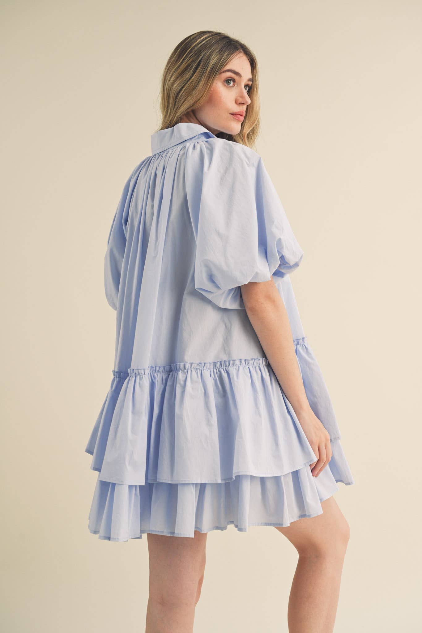 Bubble Sleeve Button Down Babydoll Dress