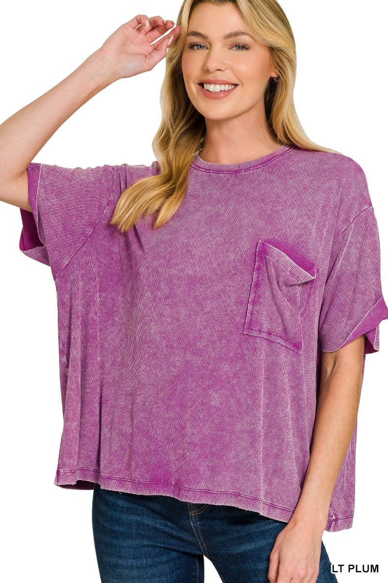Washed Ribbed Cuffed Short Sleeve Round Neck Top