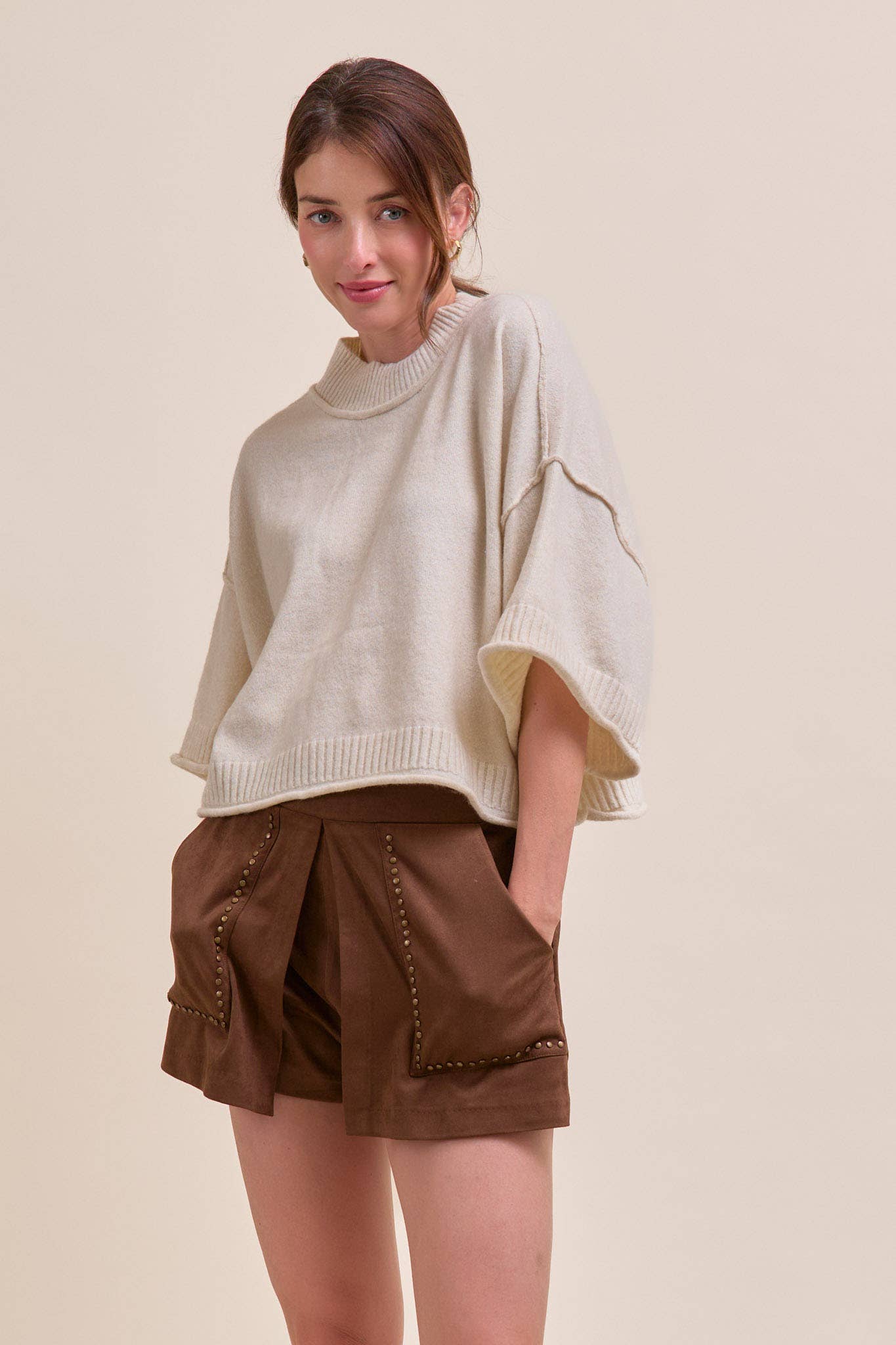 MARLED KNIT MOCK NECK SHORT SLEEVE SWEATER