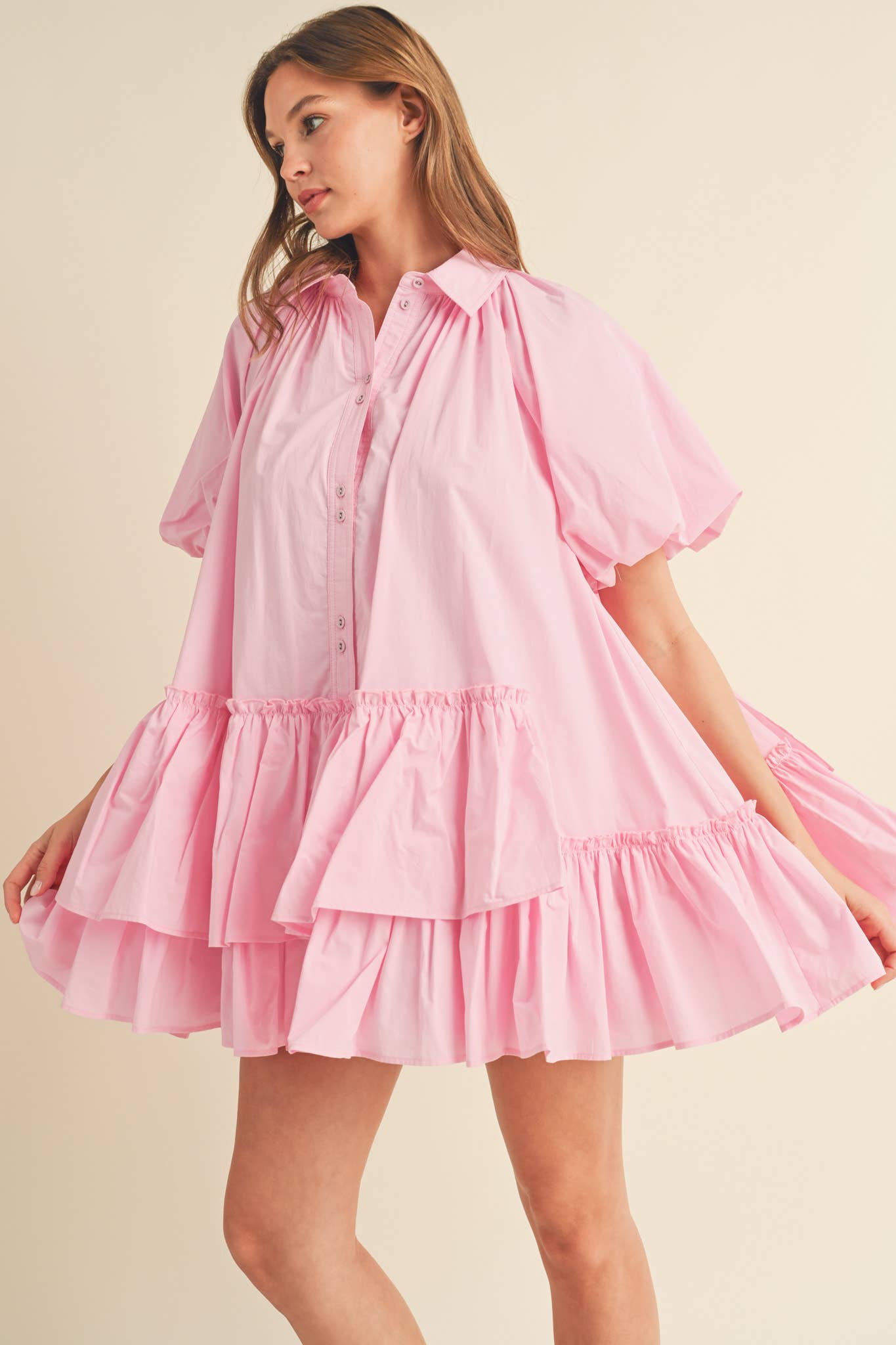 Bubble Sleeve Button Down Babydoll Dress