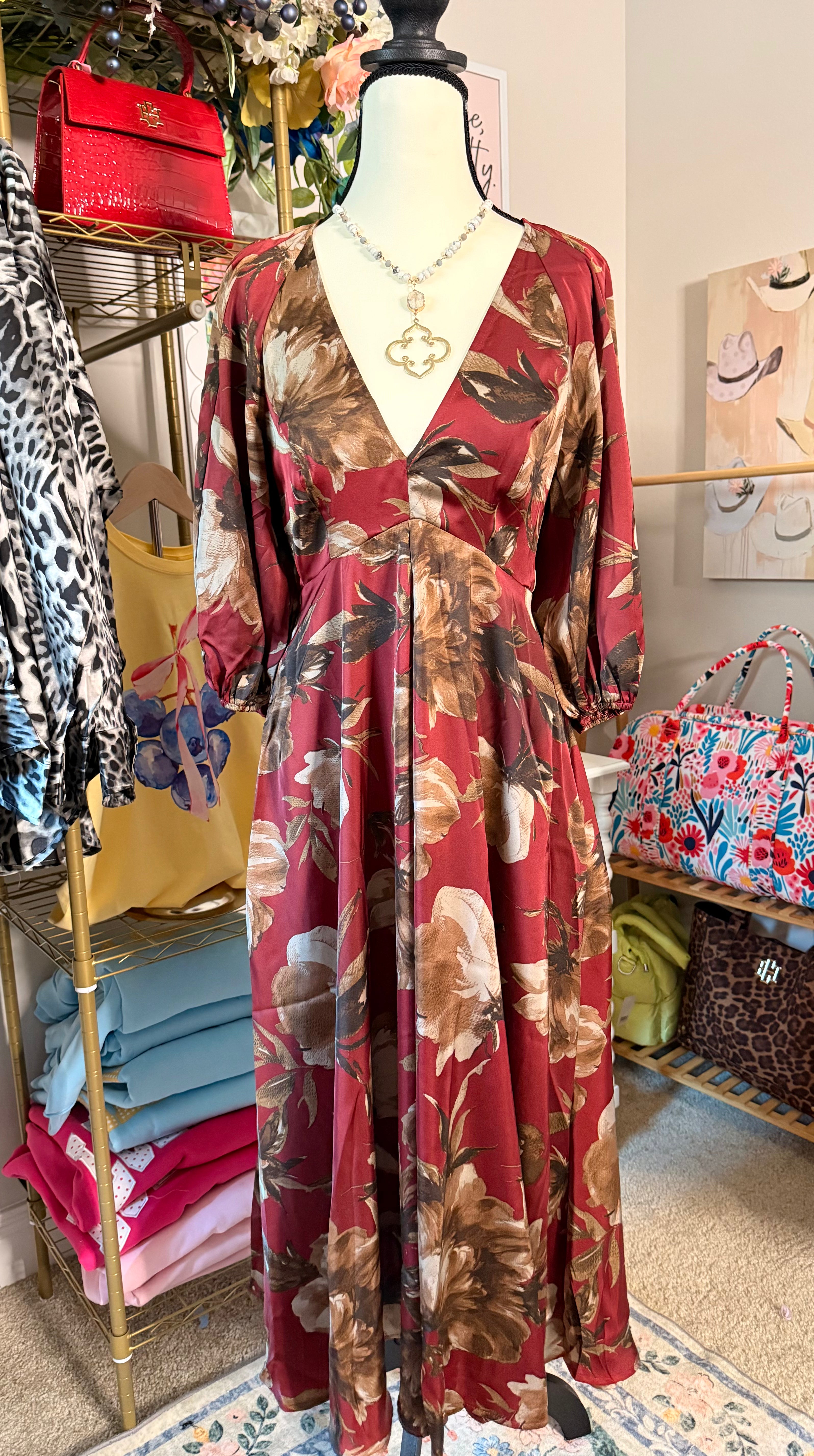 Crimson Bloom Midi Dress