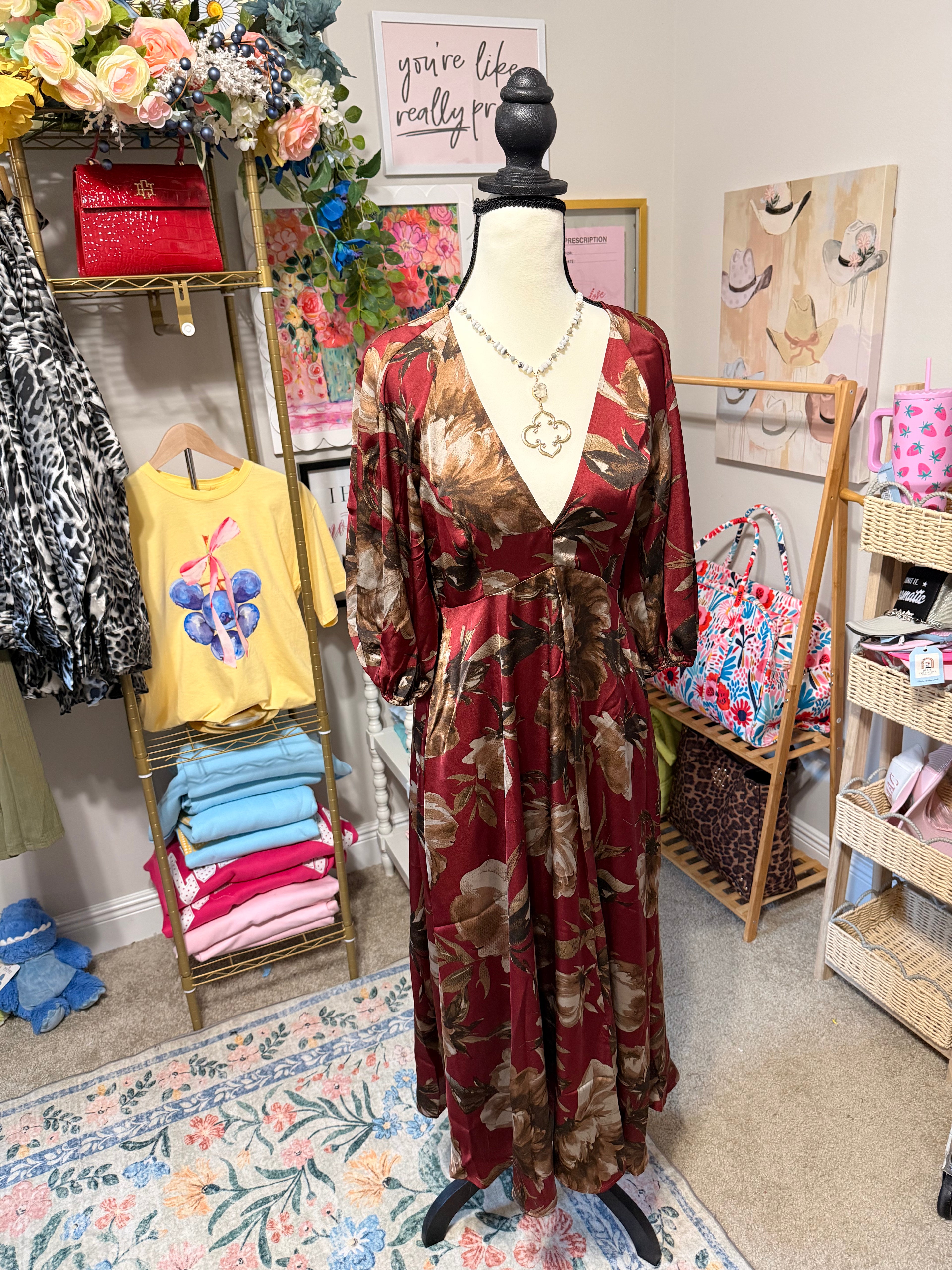 Crimson Bloom Midi Dress