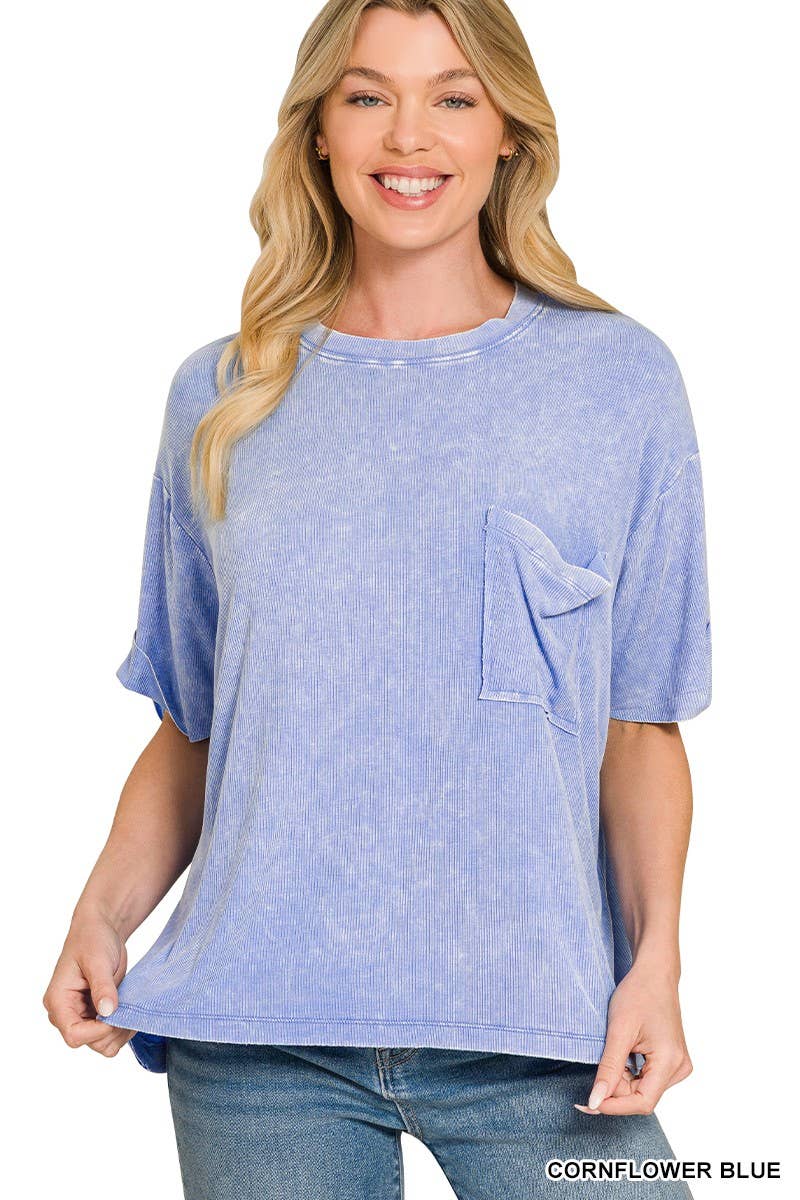 Washed Ribbed Cuffed Short Sleeve Round Neck Top