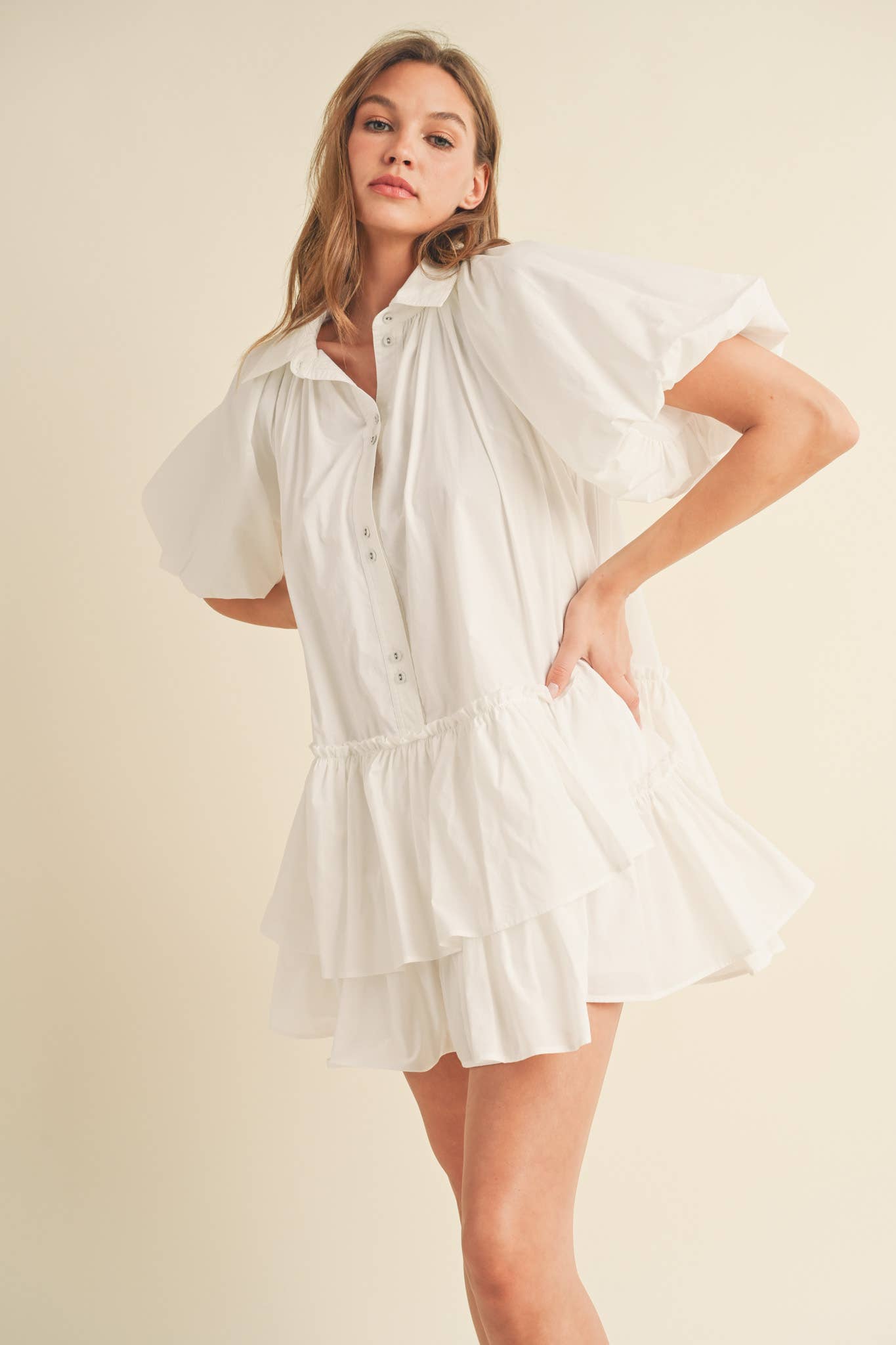 Bubble Sleeve Button Down Babydoll Dress