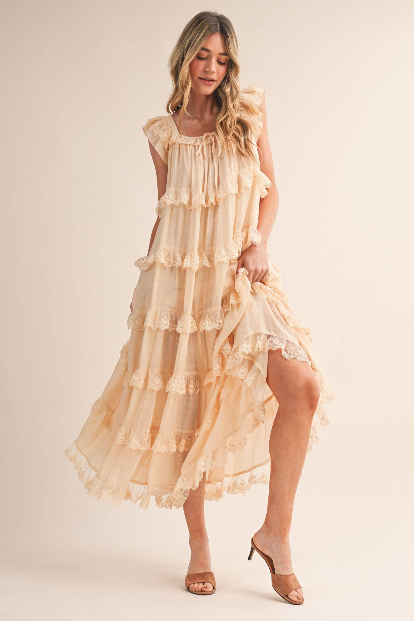 Tiered Lace Trim Maxi Dress