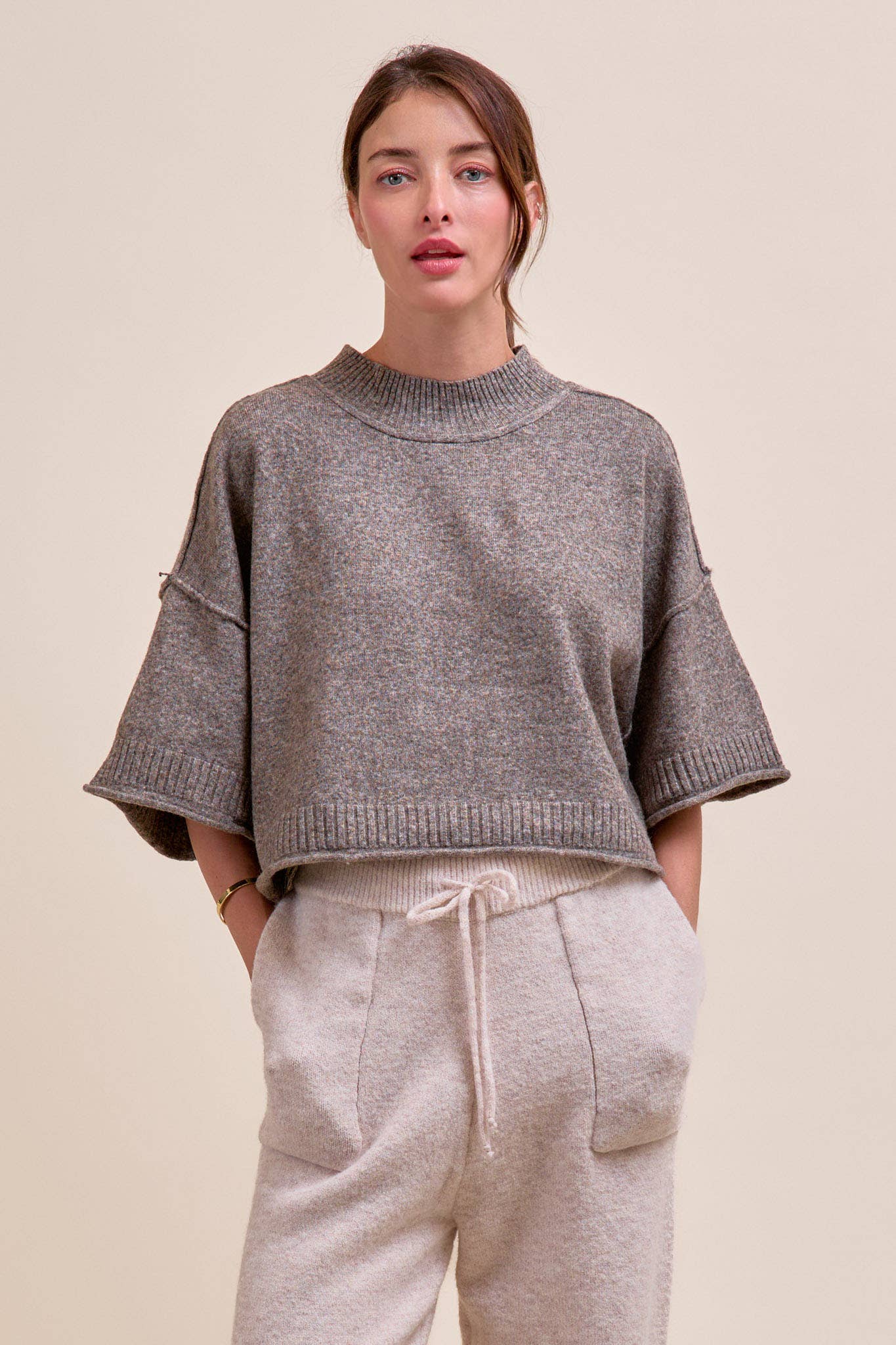 MARLED KNIT MOCK NECK SHORT SLEEVE SWEATER