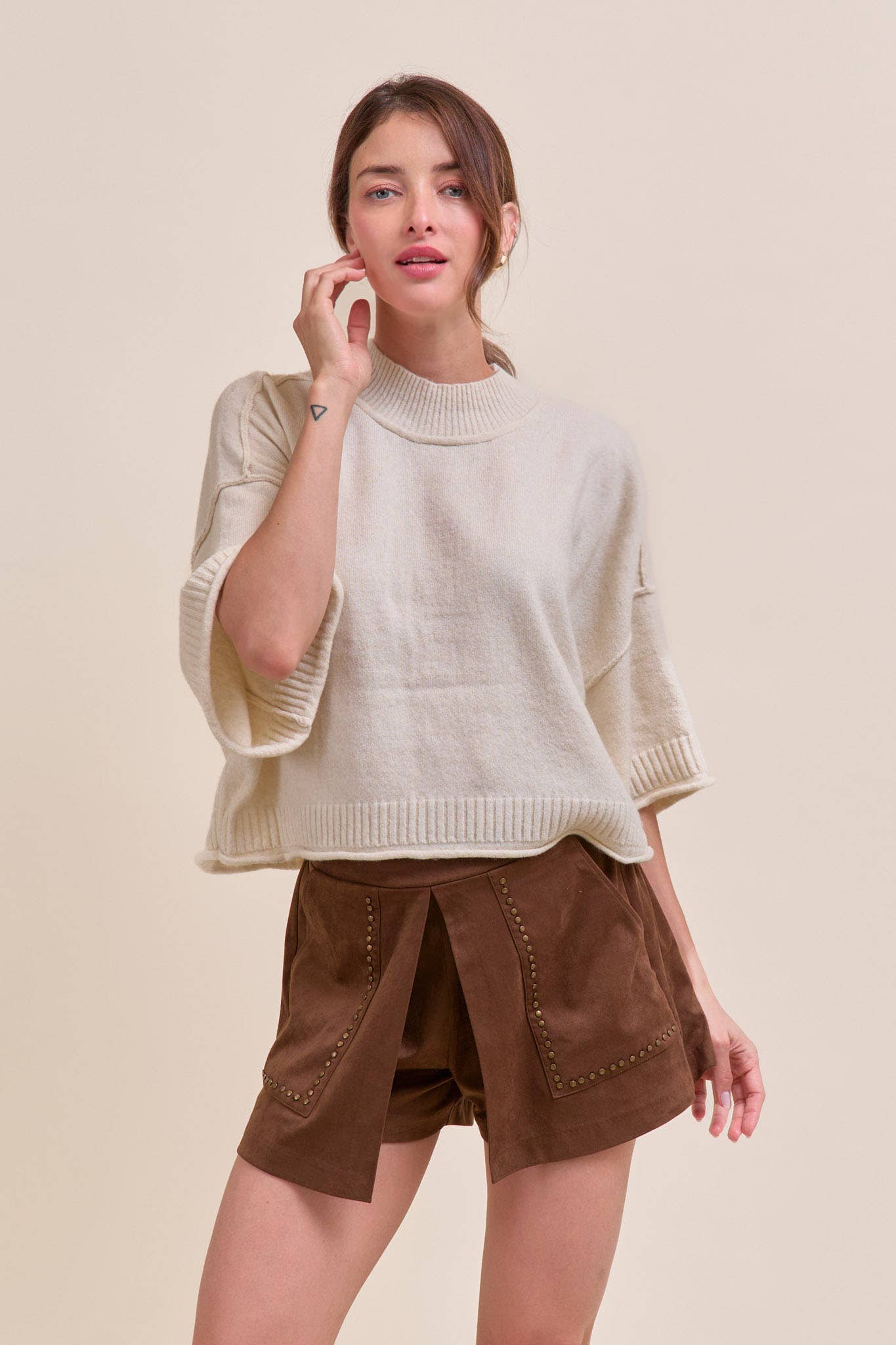MARLED KNIT MOCK NECK SHORT SLEEVE SWEATER