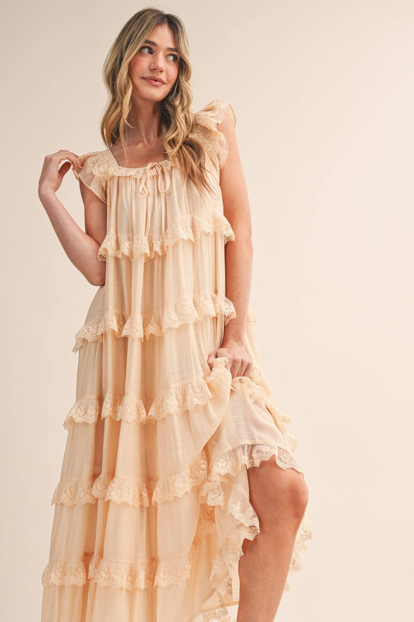 Tiered Lace Trim Maxi Dress