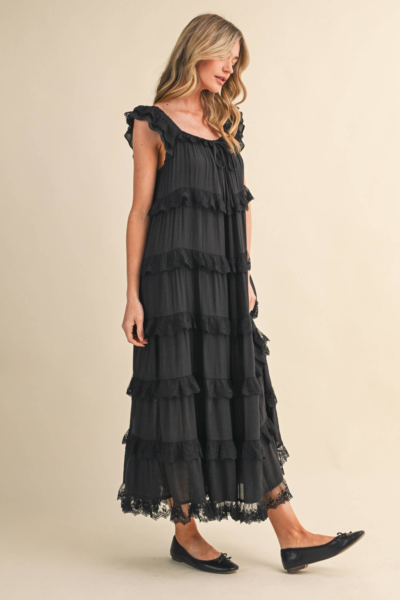 Tiered Lace Trim Maxi Dress
