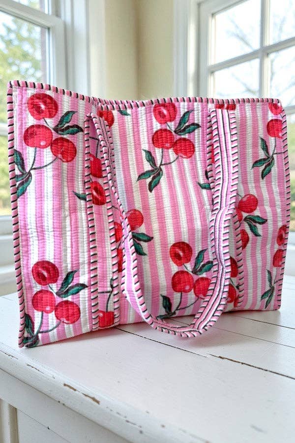 Eliza Pink Striped Cherry Tote Bag