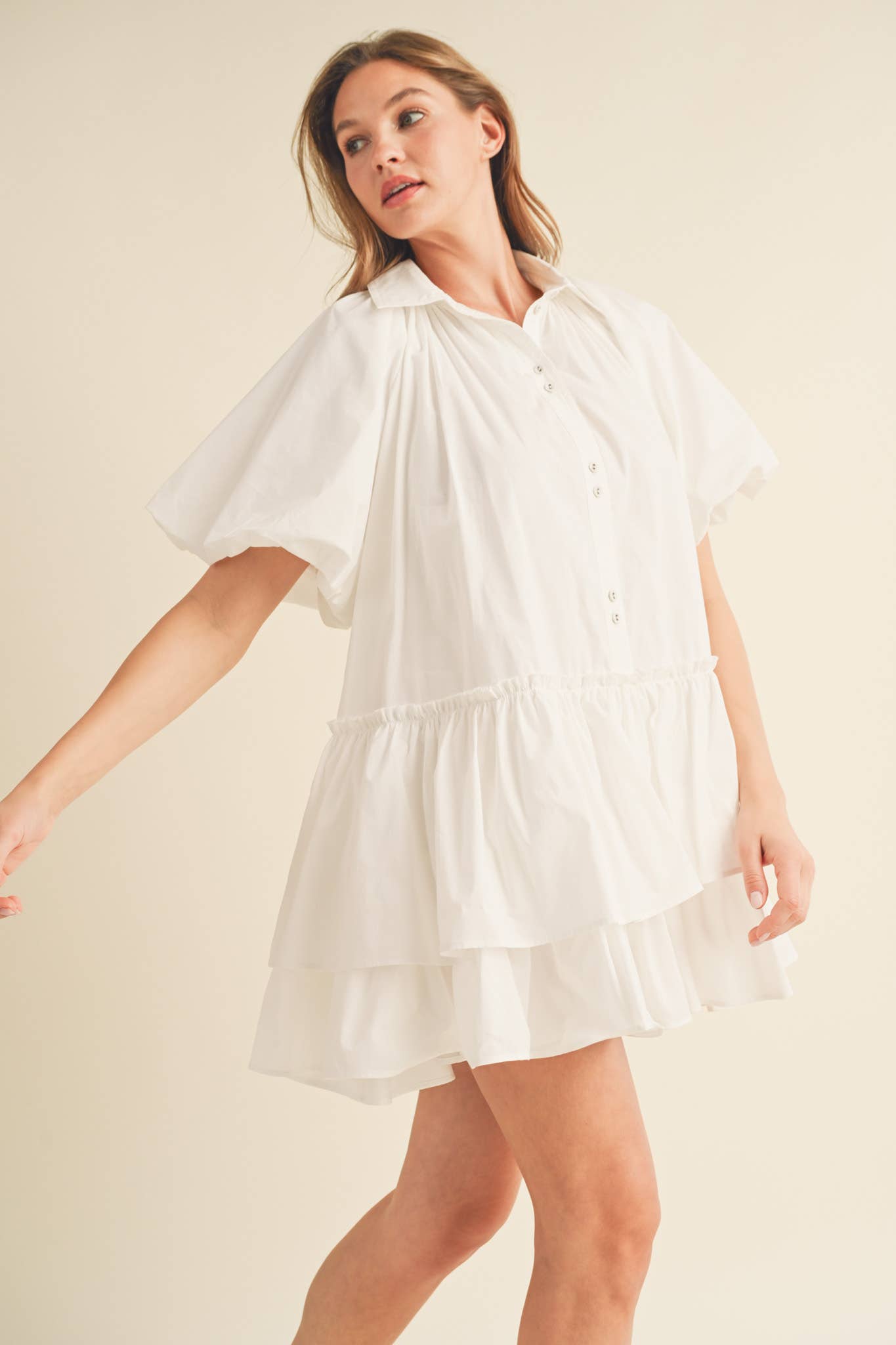 Bubble Sleeve Button Down Babydoll Dress