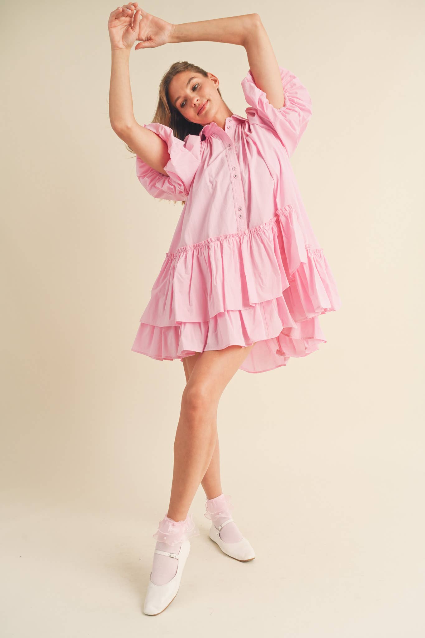 Bubble Sleeve Button Down Babydoll Dress