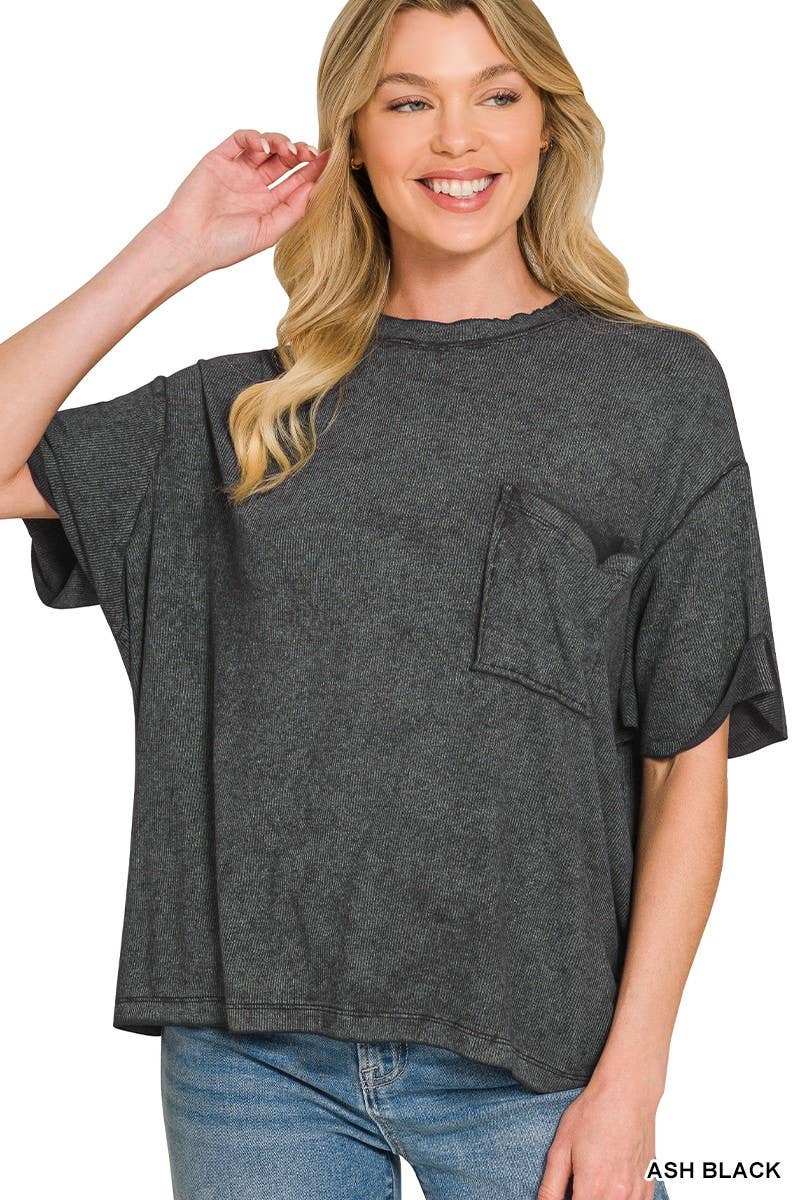 Washed Ribbed Cuffed Short Sleeve Round Neck Top