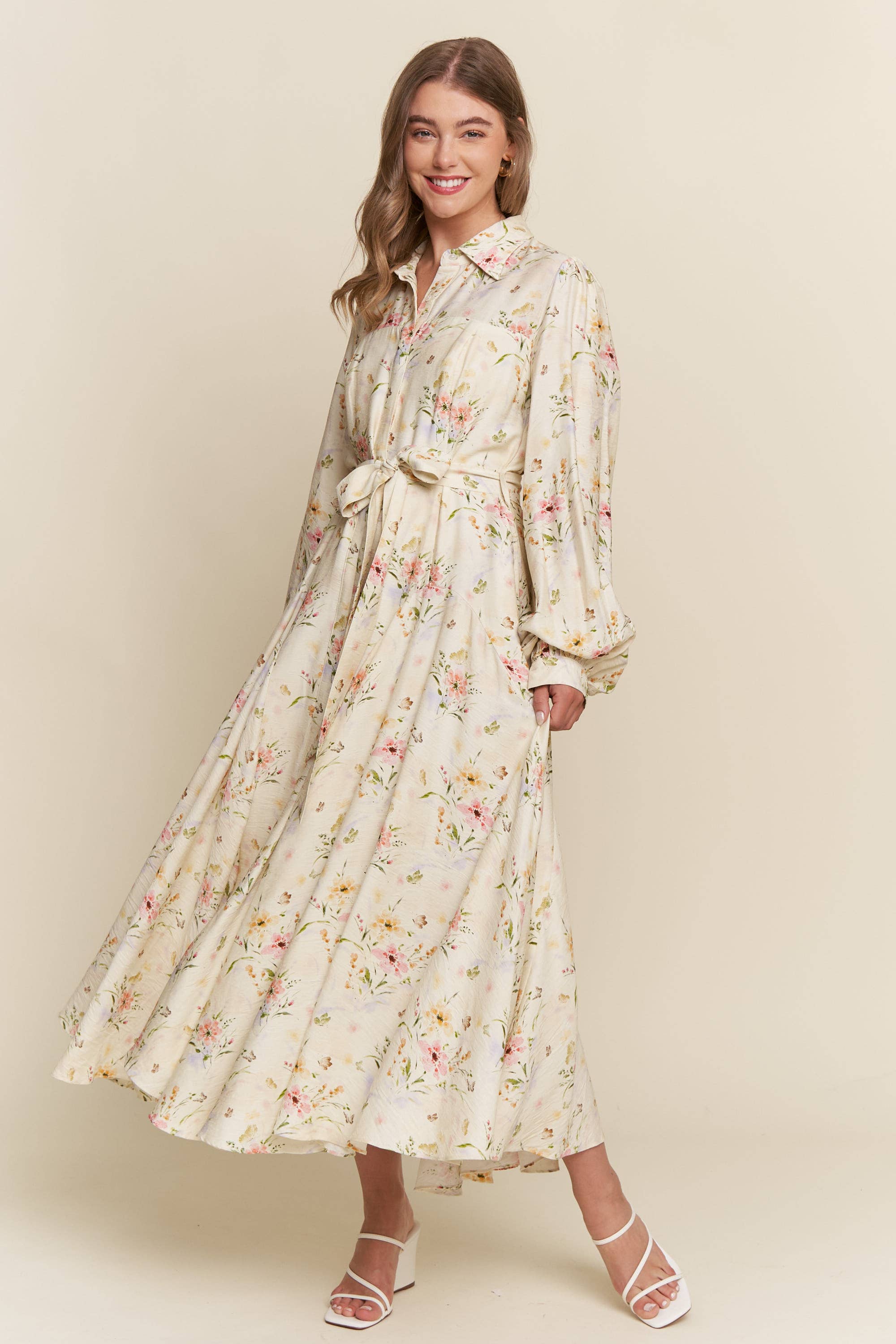 Floral Pattern Maxi Button Down Dress