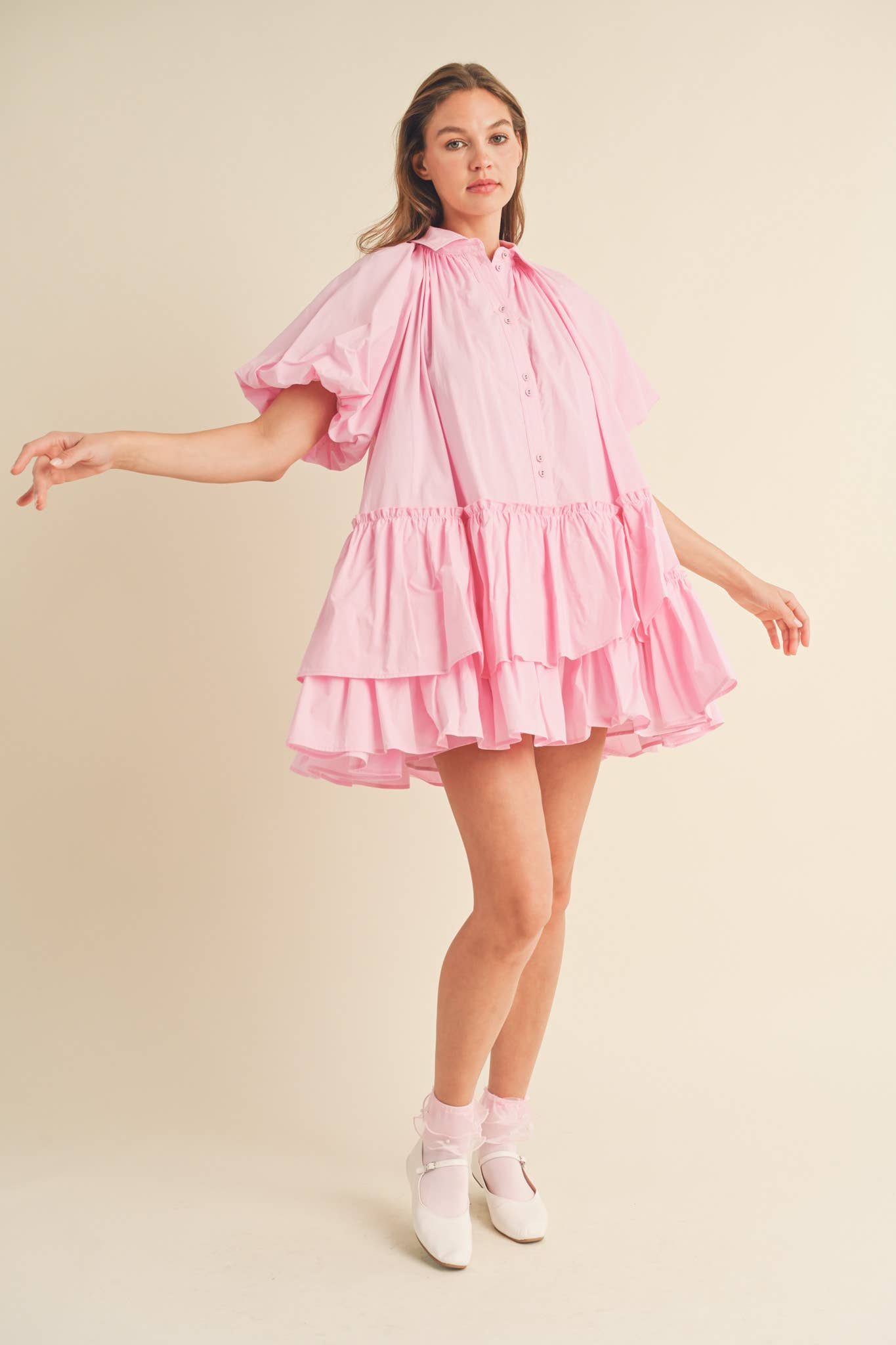 Bubble Sleeve Button Down Babydoll Dress