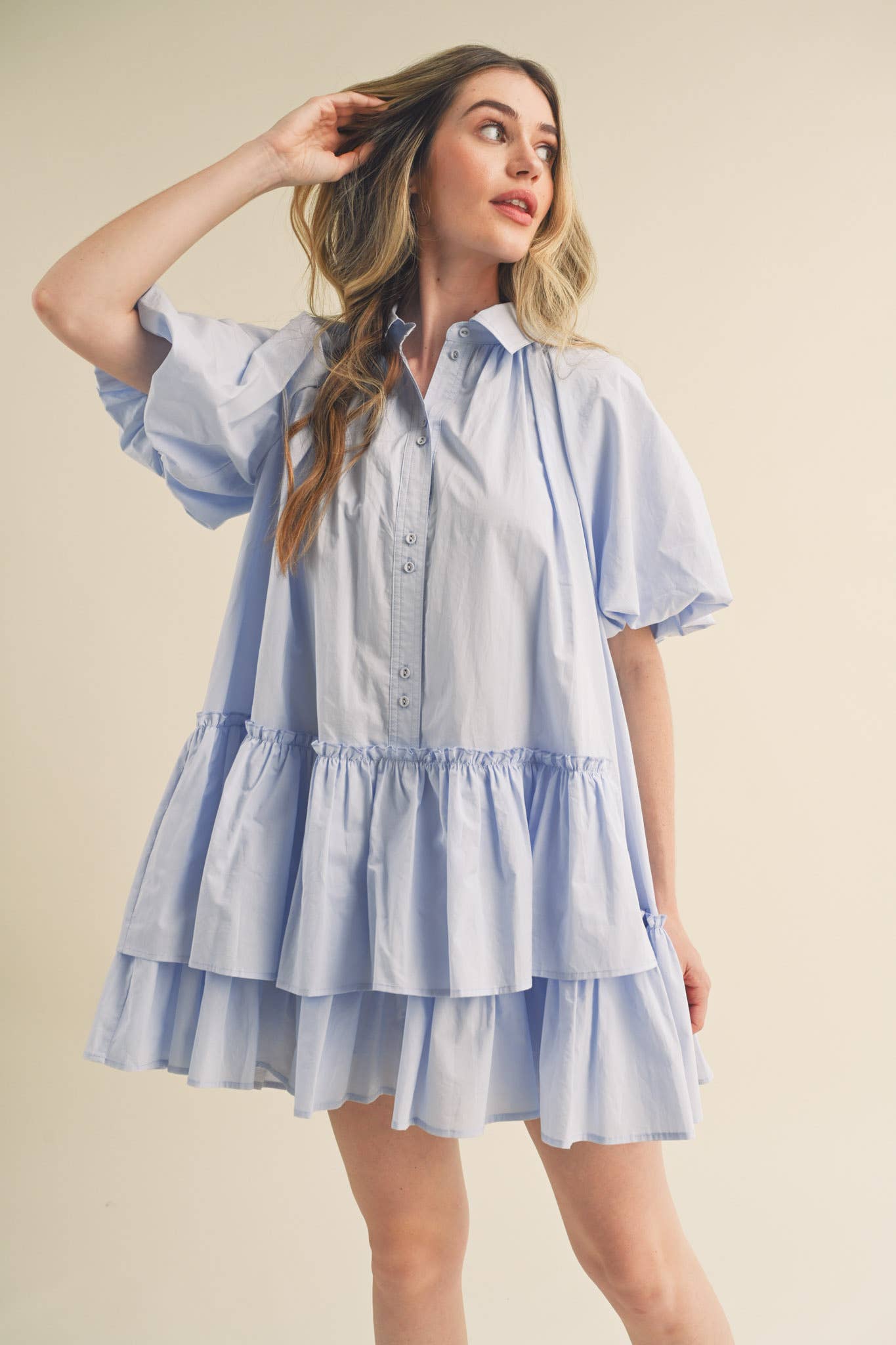 Bubble Sleeve Button Down Babydoll Dress