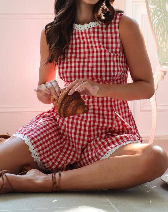 Gingham Lace-Trimmed Romper
