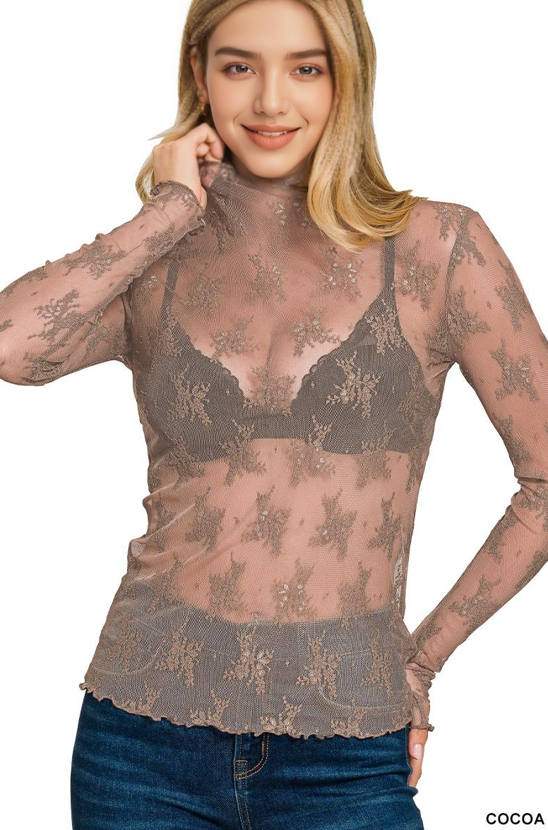 “Lace Allure” Mock Neck Mesh Top