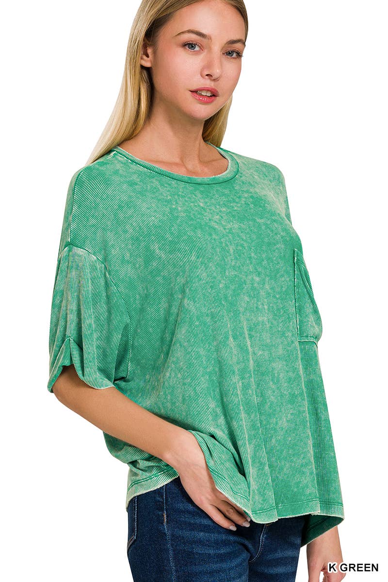 Washed Ribbed Cuffed Short Sleeve Round Neck Top