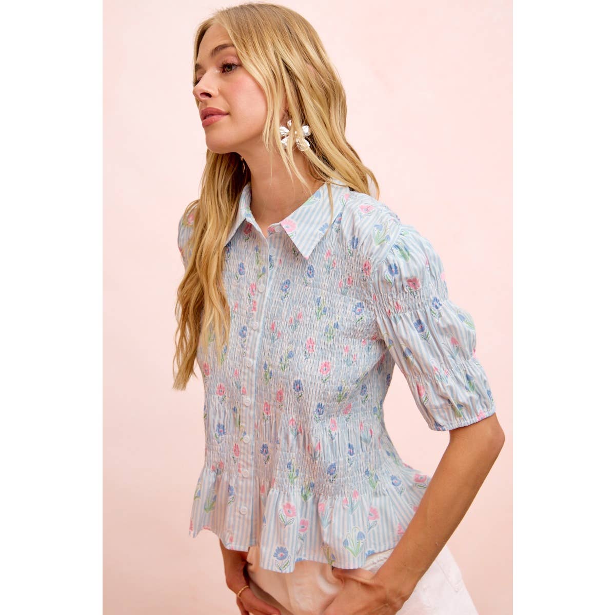 STRIPES AND FLORAL SHORT SLEEVE SHIRRED BLOUSE TOP