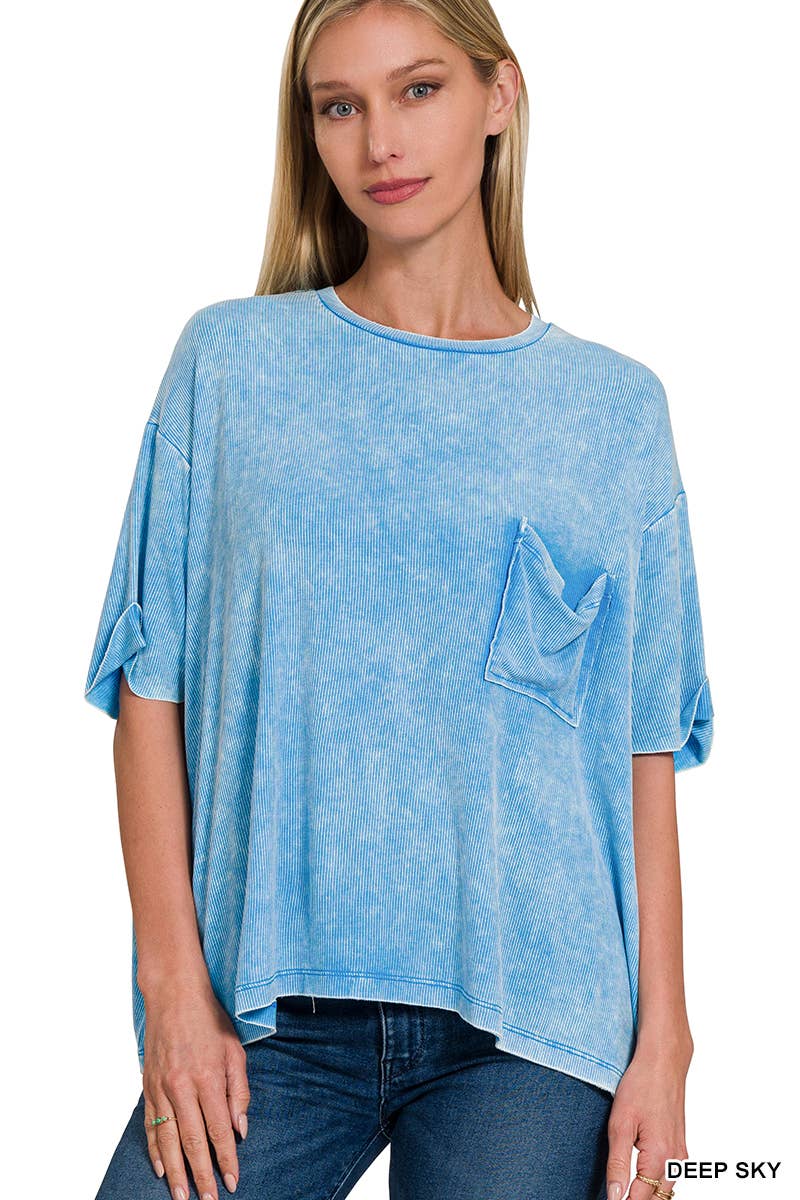 Washed Ribbed Cuffed Short Sleeve Round Neck Top