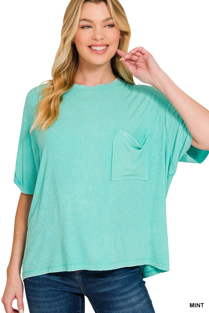 Washed Ribbed Cuffed Short Sleeve Round Neck Top