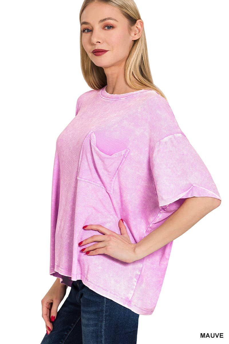 Washed Ribbed Cuffed Short Sleeve Round Neck Top