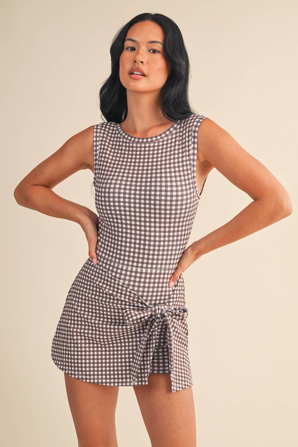 Gingham Print Sleeveless Wrap Tie Front Dress