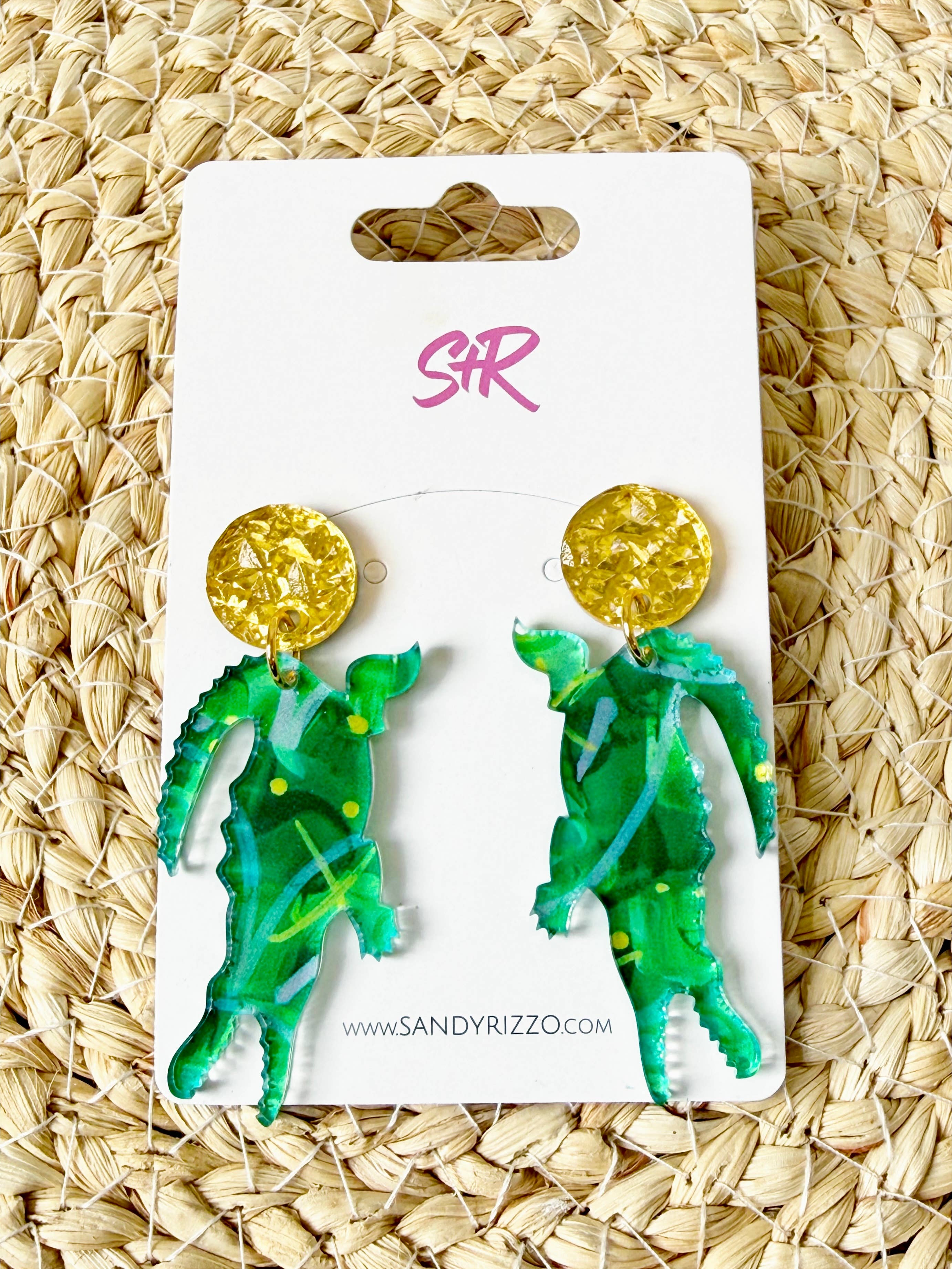 Green Art Acrylic Gator Dangle Earring