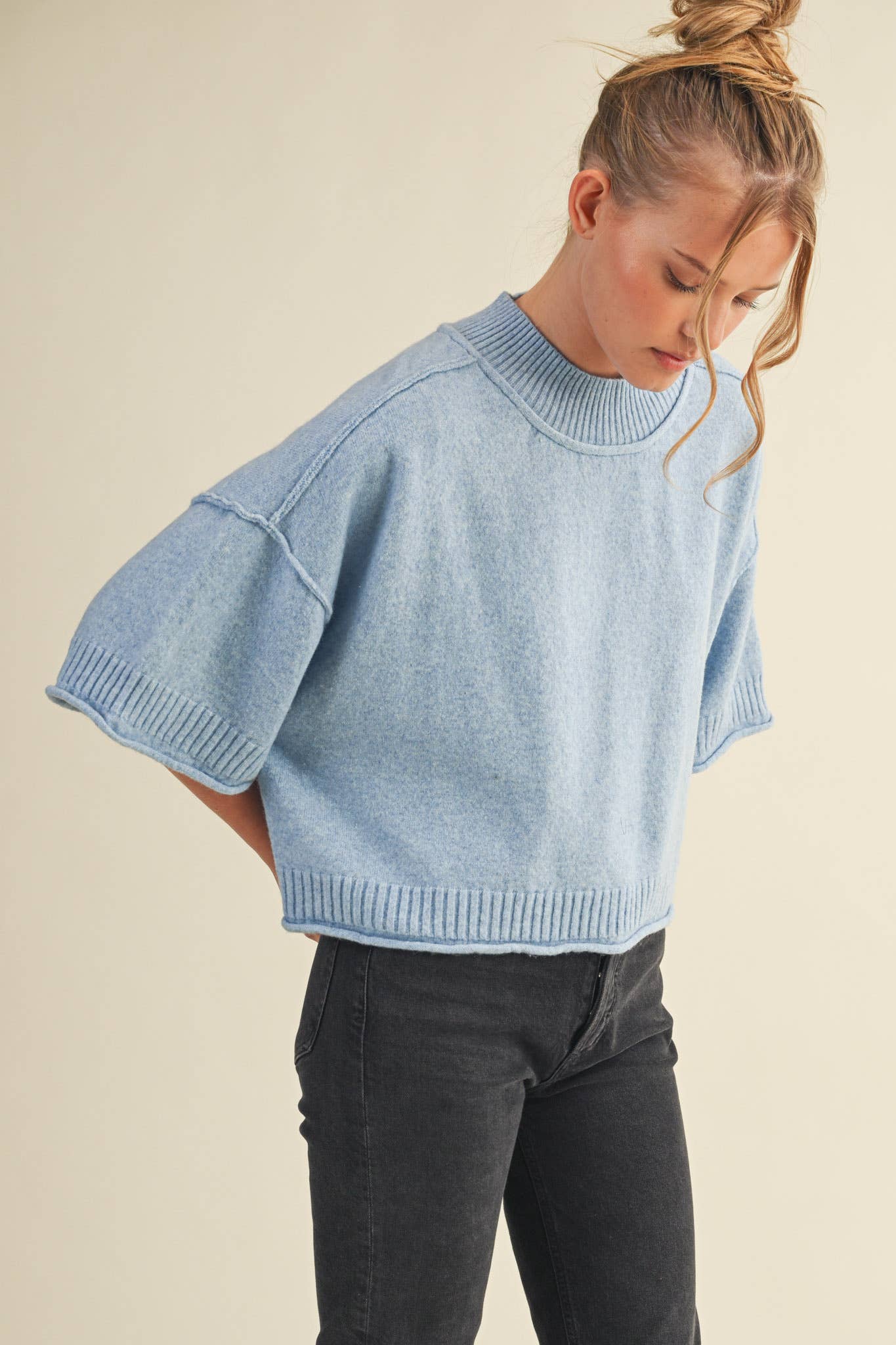 MARLED KNIT MOCK NECK SHORT SLEEVE SWEATER