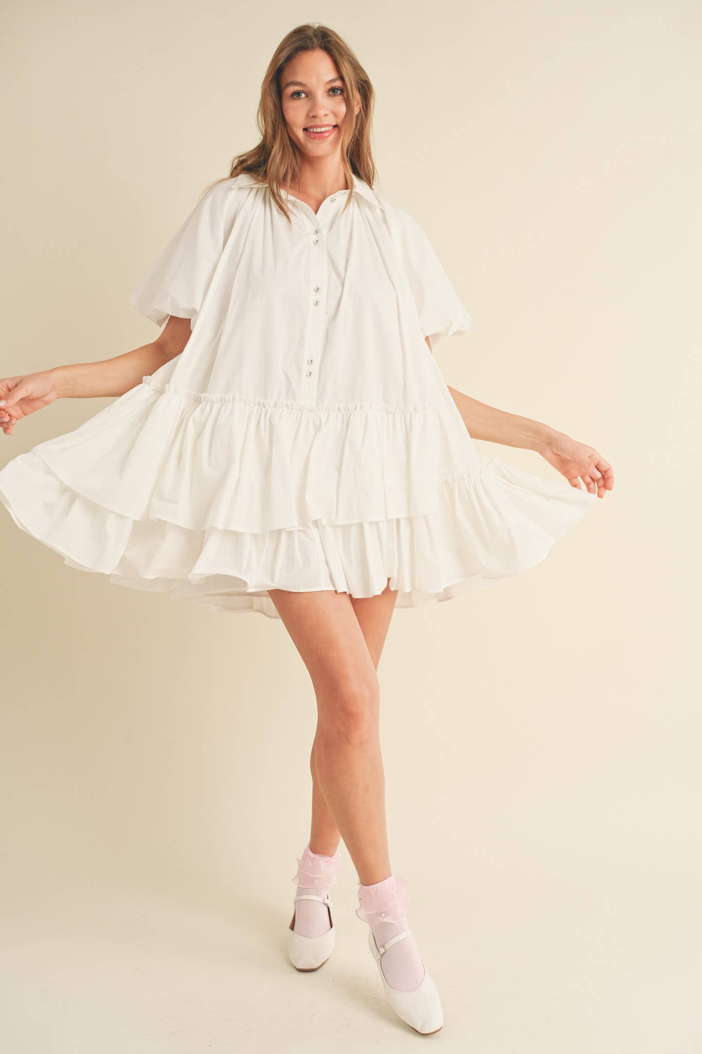 Bubble Sleeve Button Down Babydoll Dress