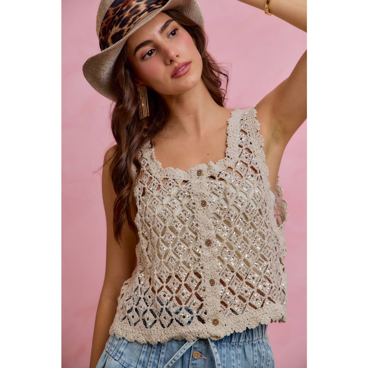 SEQUINS EMBELLISHED DIAMOND CROCHET LACE VEST TOP
