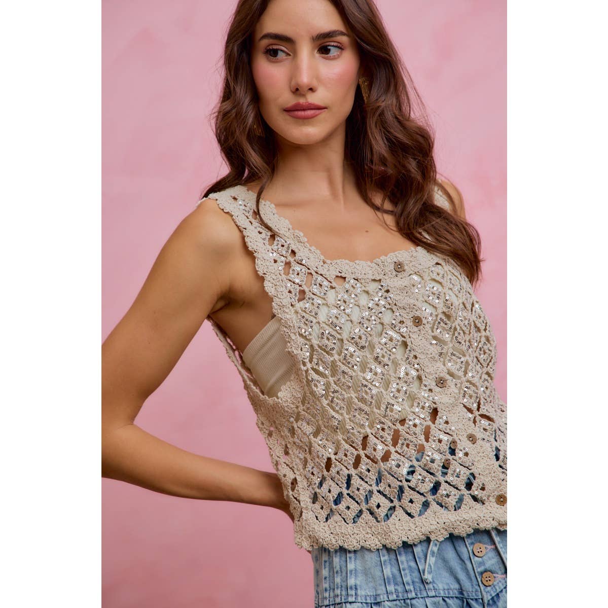 SEQUINS EMBELLISHED DIAMOND CROCHET LACE VEST TOP