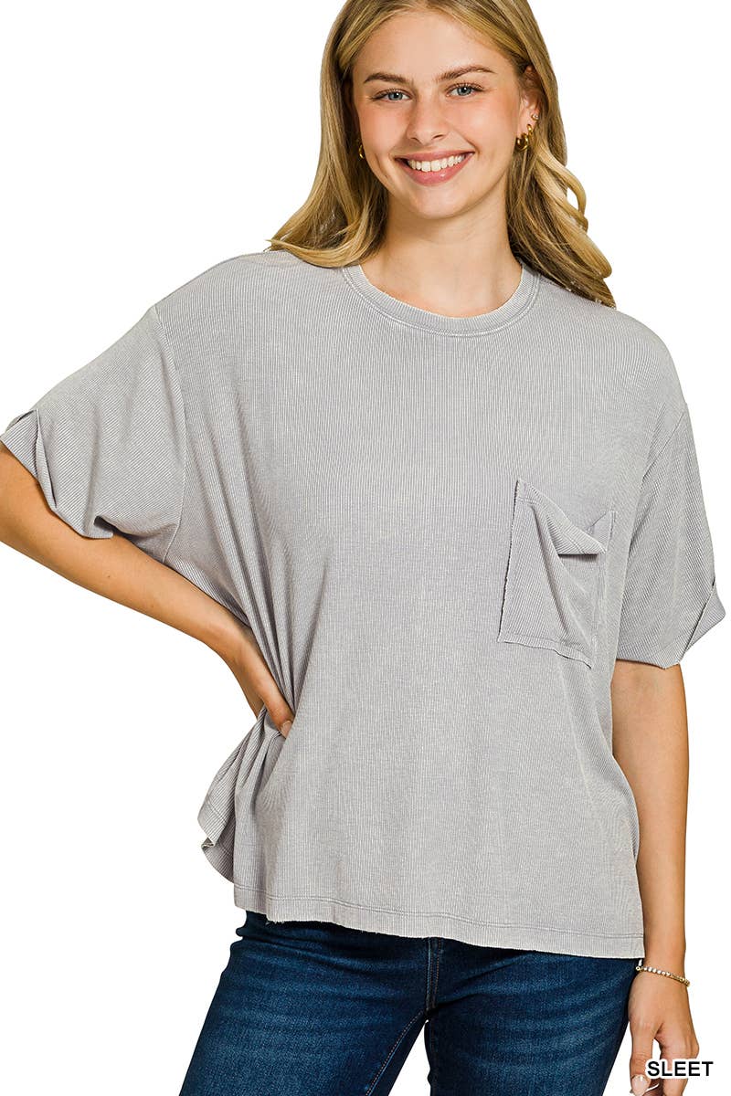 Washed Ribbed Cuffed Short Sleeve Round Neck Top