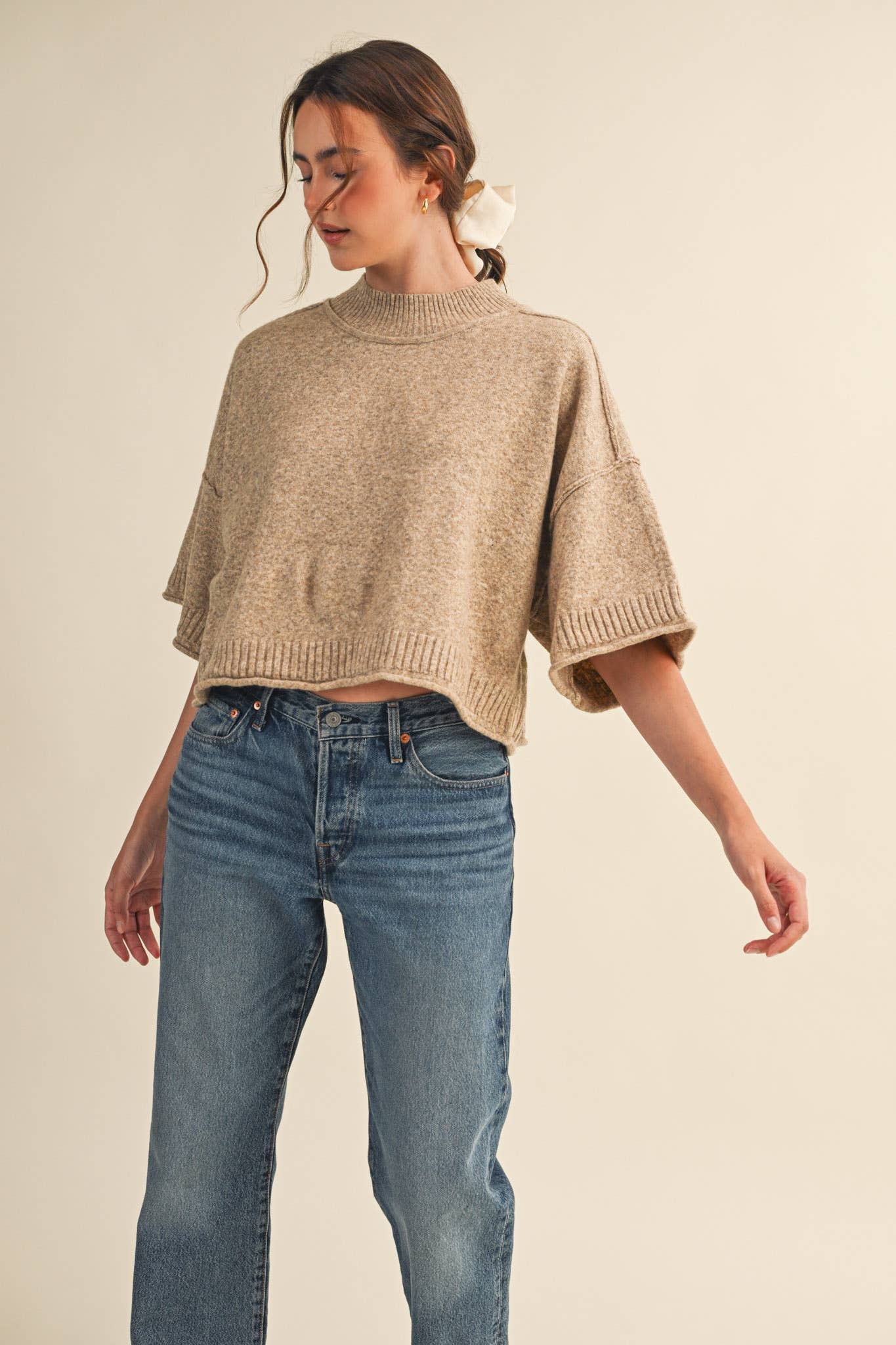 MARLED KNIT MOCK NECK SHORT SLEEVE SWEATER