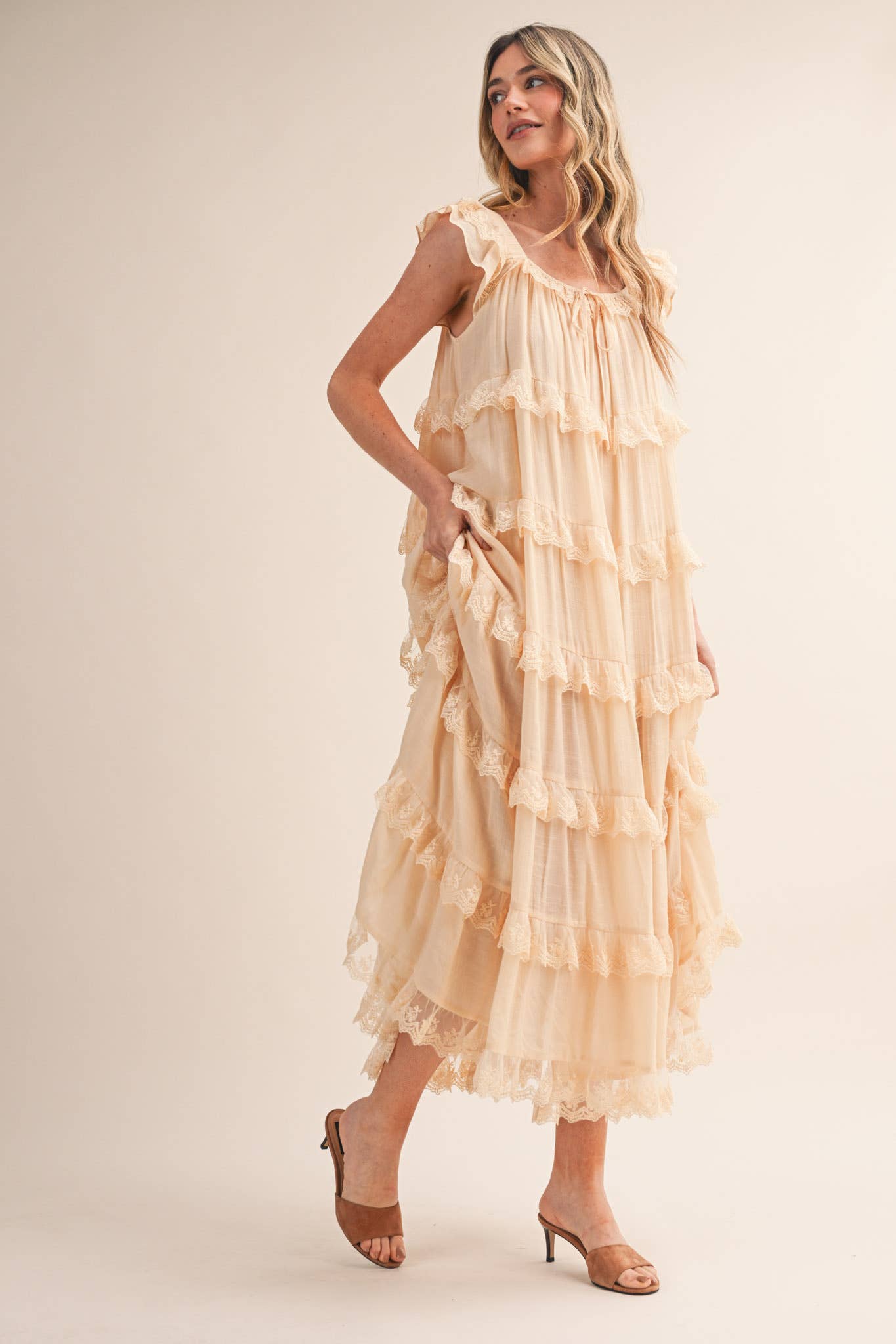 Tiered Lace Trim Maxi Dress