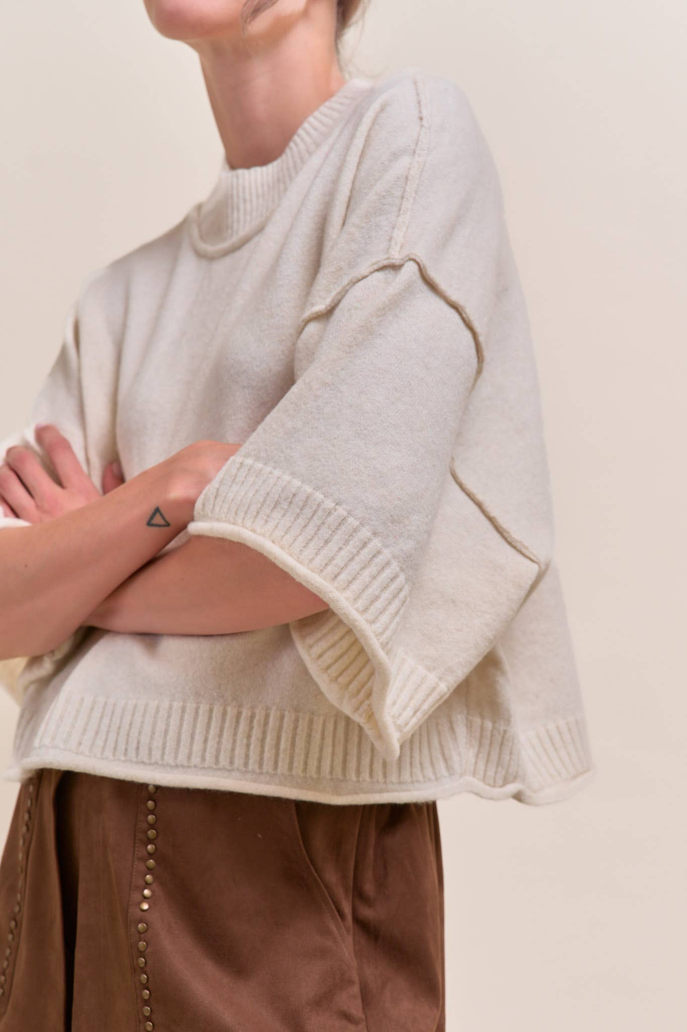 MARLED KNIT MOCK NECK SHORT SLEEVE SWEATER