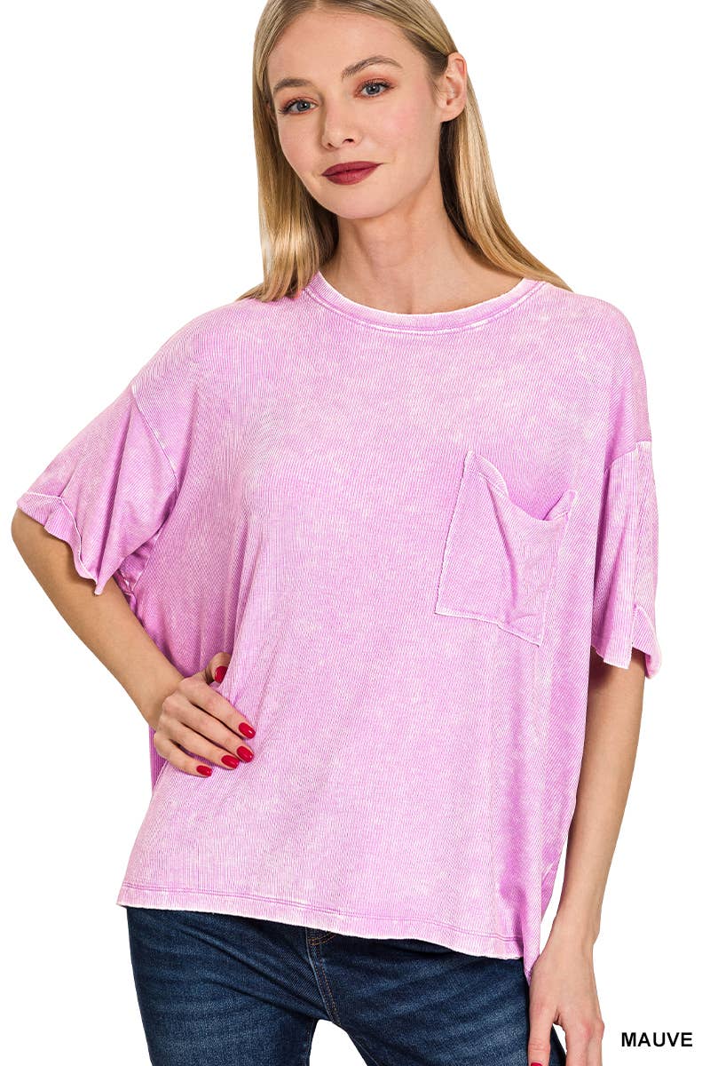 Washed Ribbed Cuffed Short Sleeve Round Neck Top