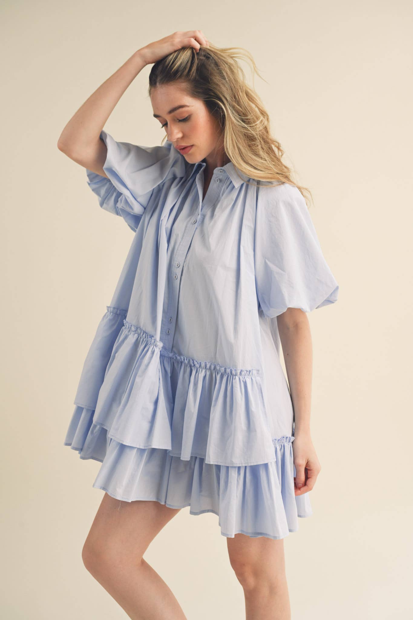 Bubble Sleeve Button Down Babydoll Dress