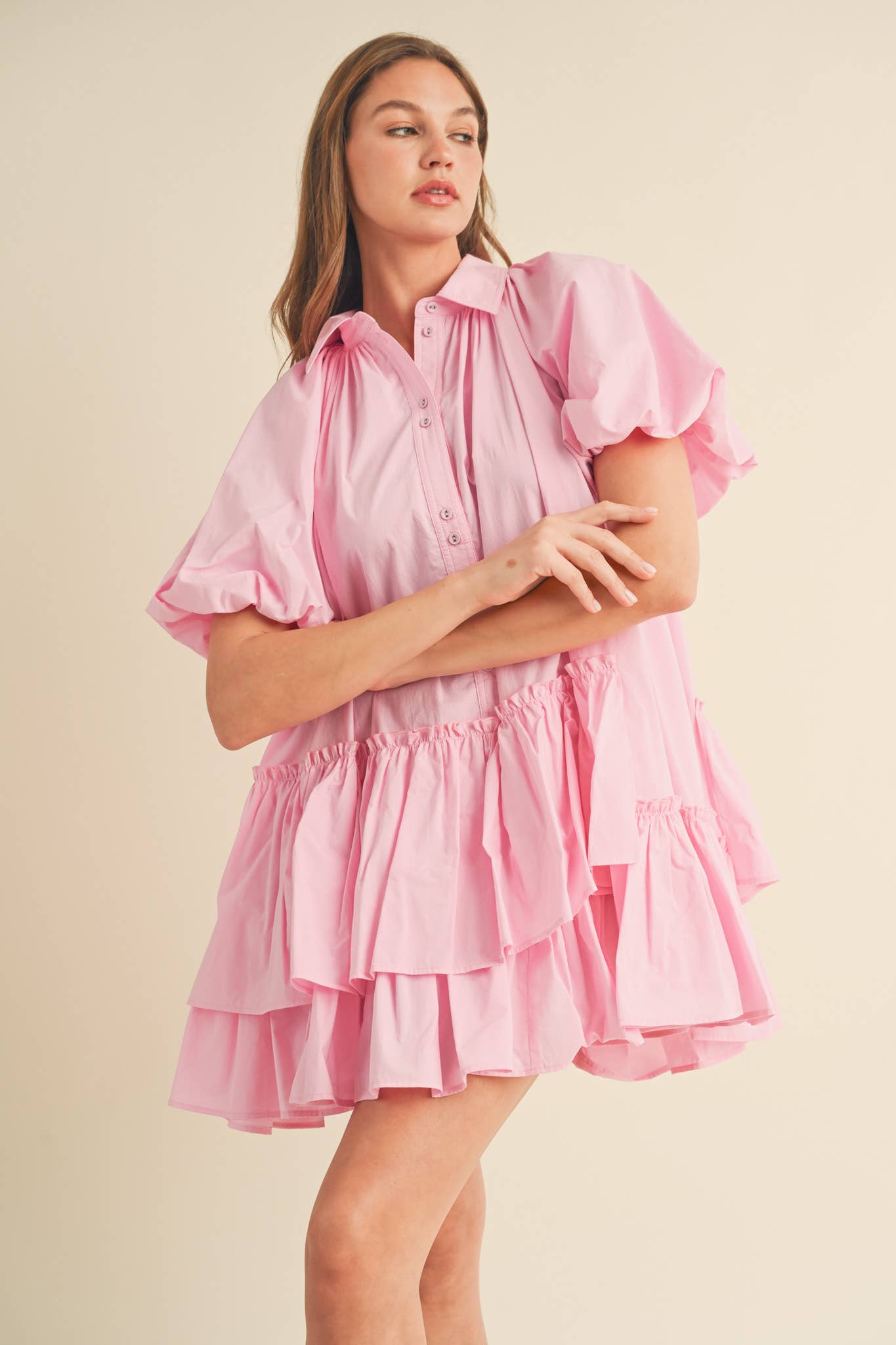 Bubble Sleeve Button Down Babydoll Dress