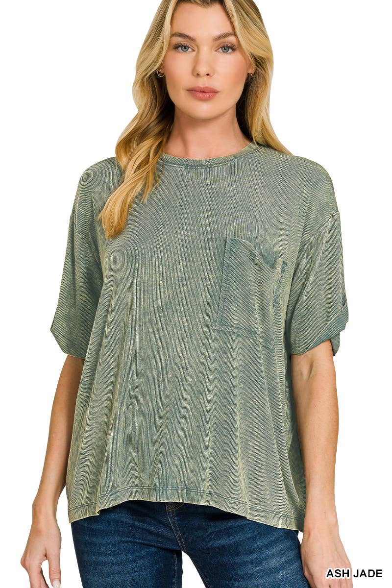 Washed Ribbed Cuffed Short Sleeve Round Neck Top