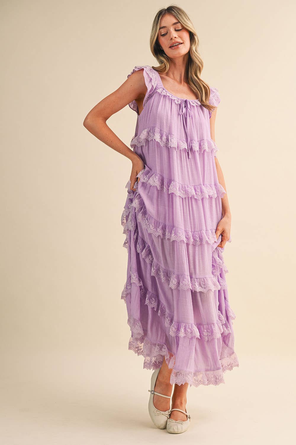 Tiered Lace Trim Maxi Dress