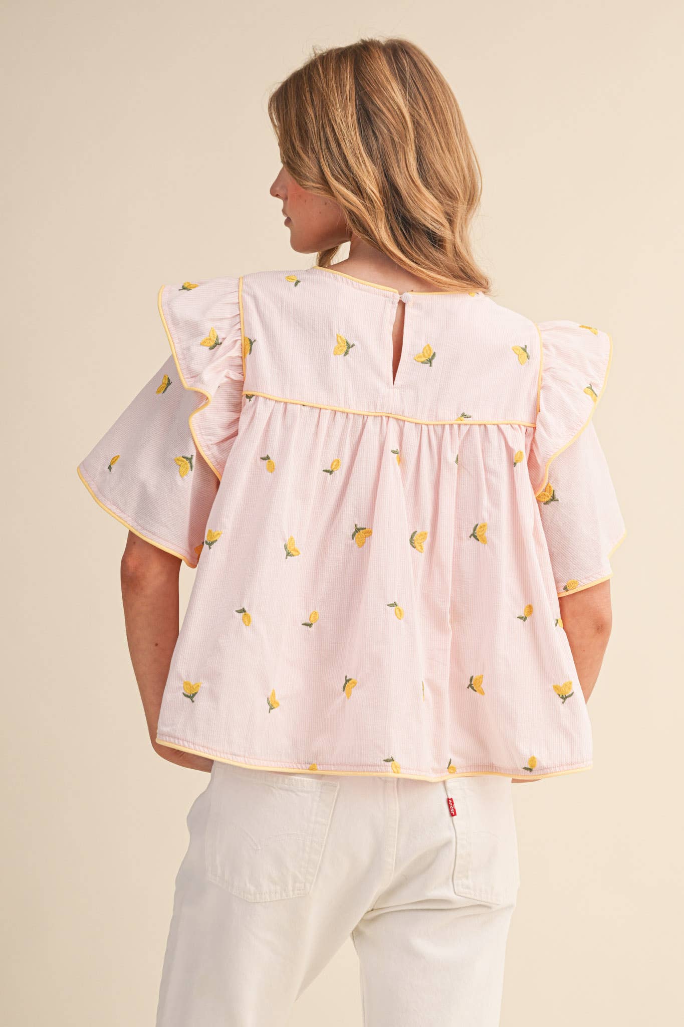 LEMON EMBROIDERY CONTRAST PIPING TOP